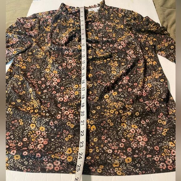 DR2 high neck brown micro floral print short sleeve blouse semi Sheer mesh L - Picture 4 of 9